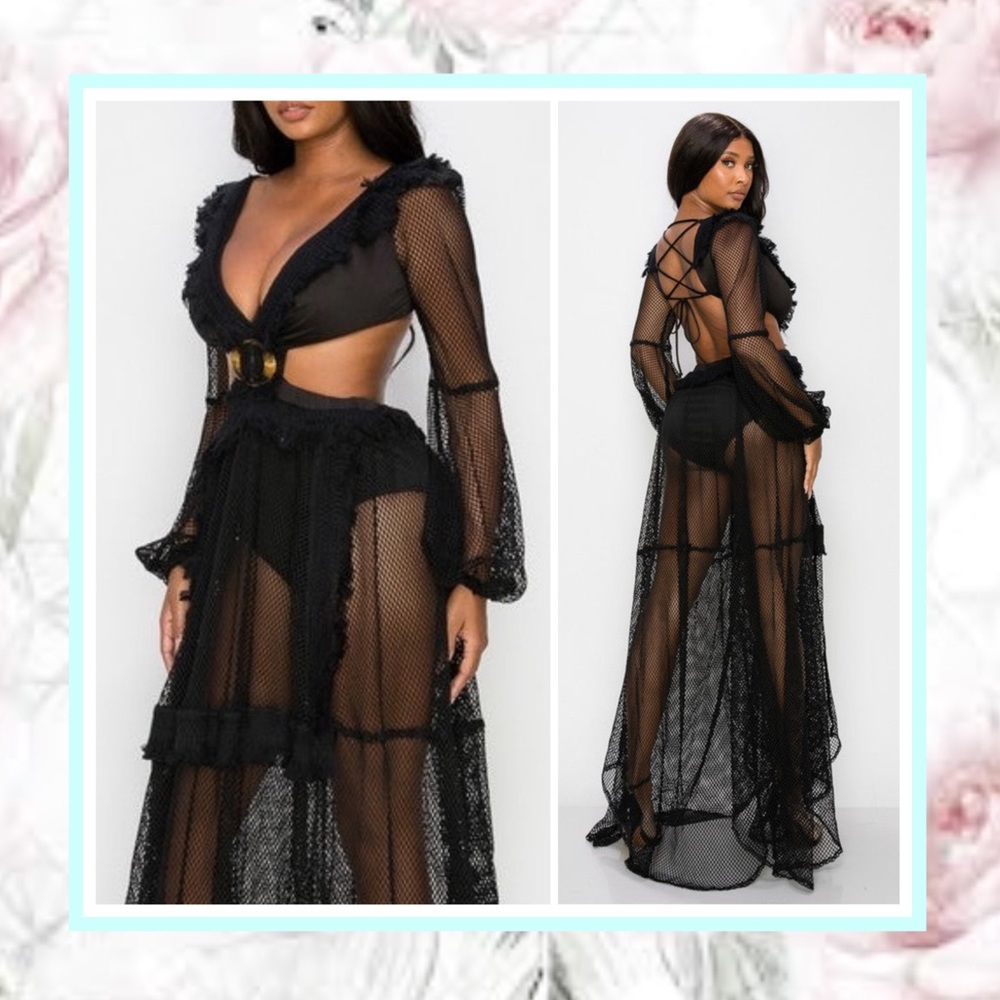 🌺 SHEER MAXI DRESS LONG SLEEVE RUFFLE LACE BLACK BACKLESS CHIC SEXY ELEGANT